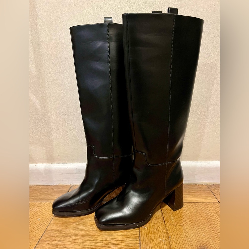 Black Faux Leather Heeled Knee High Boots - size 39